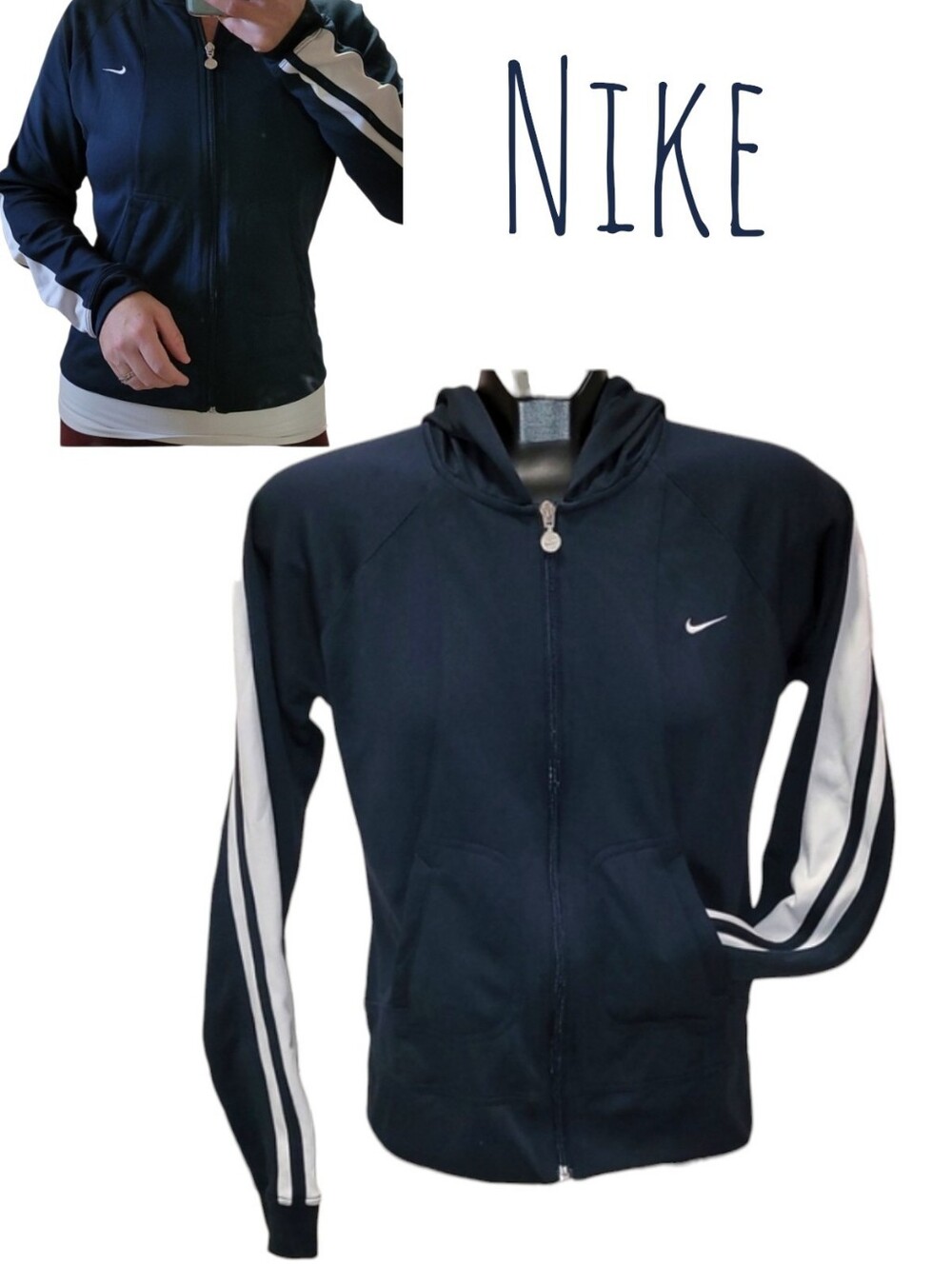 Nike Women's retro zip Hooded tracksuit jacket navy white Preformance Wear M